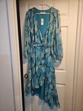 Loft Long Sleeve Light Blue Dress with Gold Accent NWT